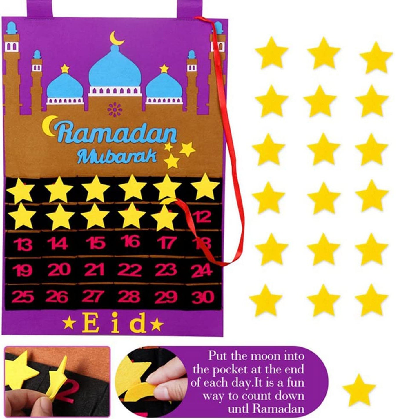 Ramadan Calendar Eid Mubarak Hanging Countdown Calendar, Advent Calendar 2023 Tracker Date Eid Gift Ramadan Decor with 30 Stars for Kids 30 Days