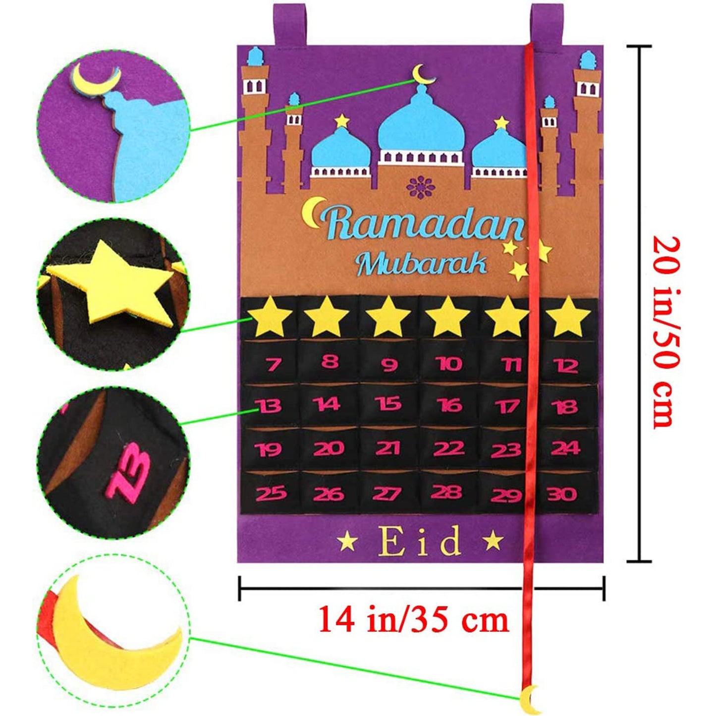 Ramadan Calendar Eid Mubarak Hanging Countdown Calendar, Advent Calendar 2023 Tracker Date Eid Gift Ramadan Decor with 30 Stars for Kids 30 Days